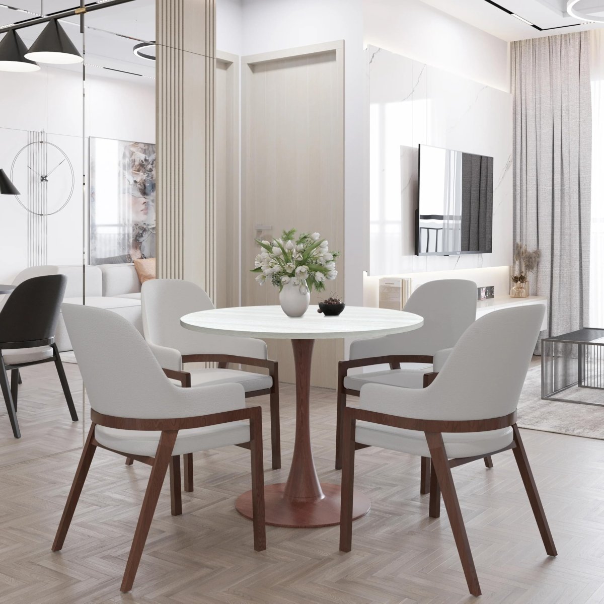 Bristol Round Dining Table With MDF Wood/Sintered Stone Tabletop with Walnut Finish Pedestal Base 27 in. Wide Wood Light Natural Wood Dining Table LeisureMod
