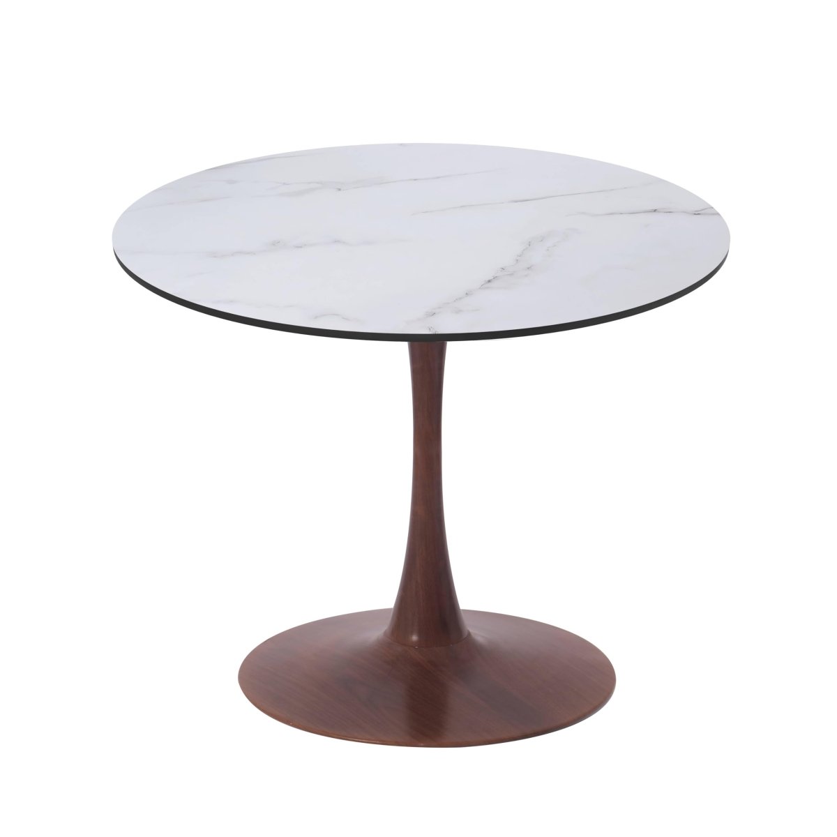 Bristol Round Dining Table With MDF Wood/Sintered Stone Tabletop with Walnut Finish Pedestal Base Wood Marbled White Dining Table LeisureMod
