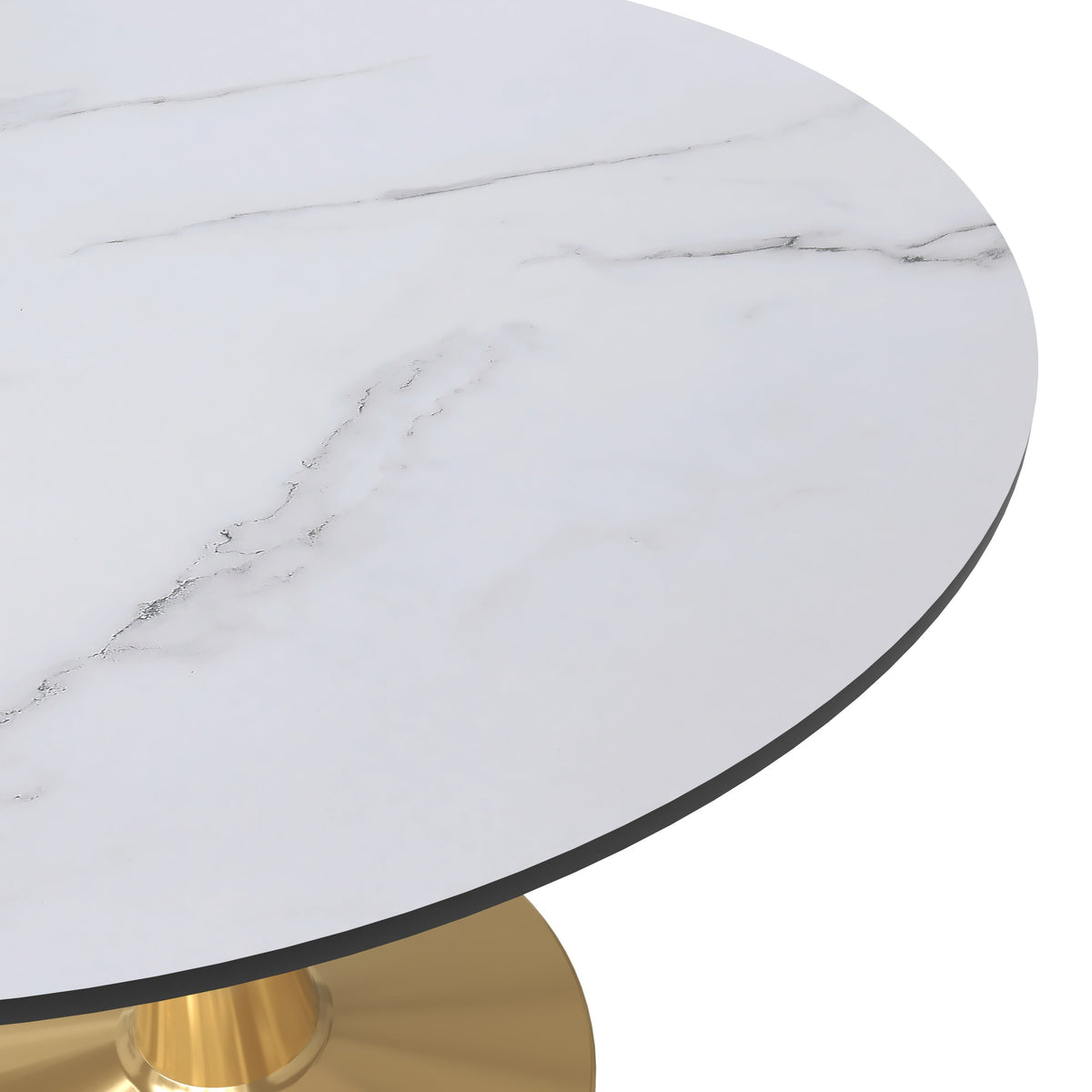 Bristol Round Dining Table with MDF/Sintered Stone/Glass Tabletop in Gold Steel MDF 40 Inches Marbled White Dining Table Leisuremod
