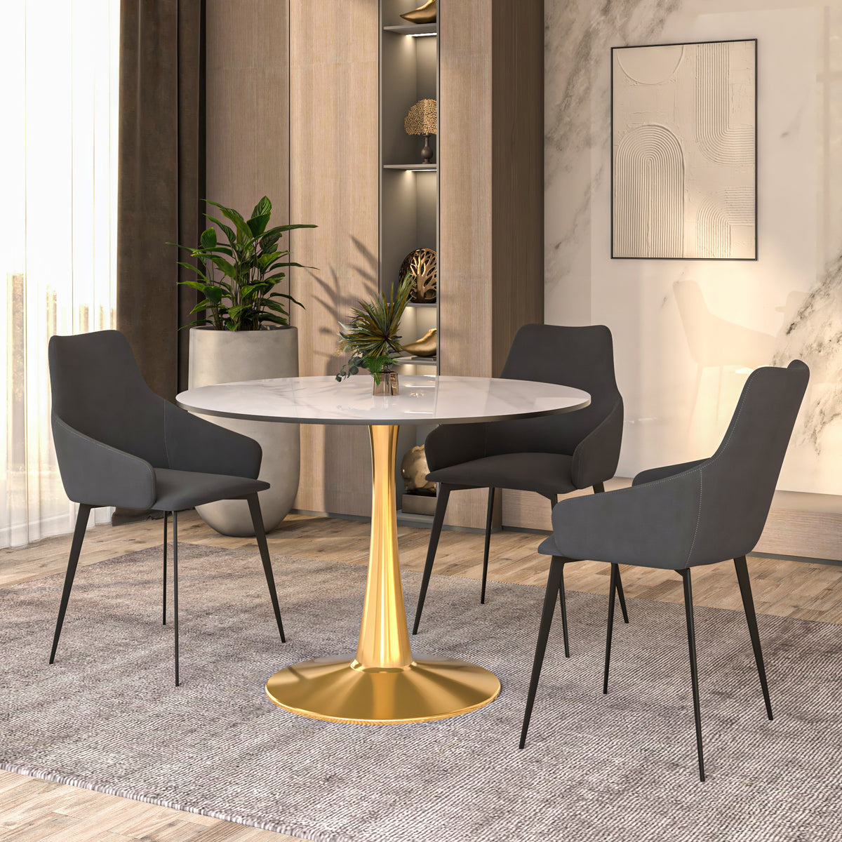 Bristol Round Dining Table with MDF/Sintered Stone/Glass Tabletop in Gold Steel Sintered Stone 40 Inches White Dining Table Leisuremod