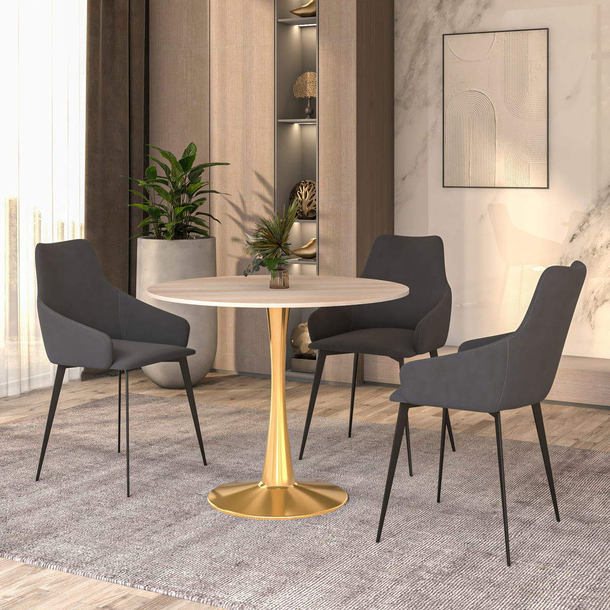 Bristol Round Dining Table with MDF/Sintered Stone/Glass Tabletop in Gold Steel Sintered Stone 31 Inches Natural Wood Dining Table Leisuremod