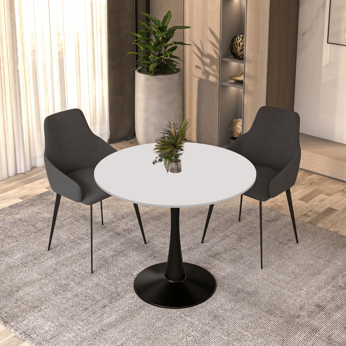 Bristol Round Dining Table with MDF/Sintered Stone/Glass Tabletop in Black Steel Base MDF 31 Inches White Dining Table Leisuremod