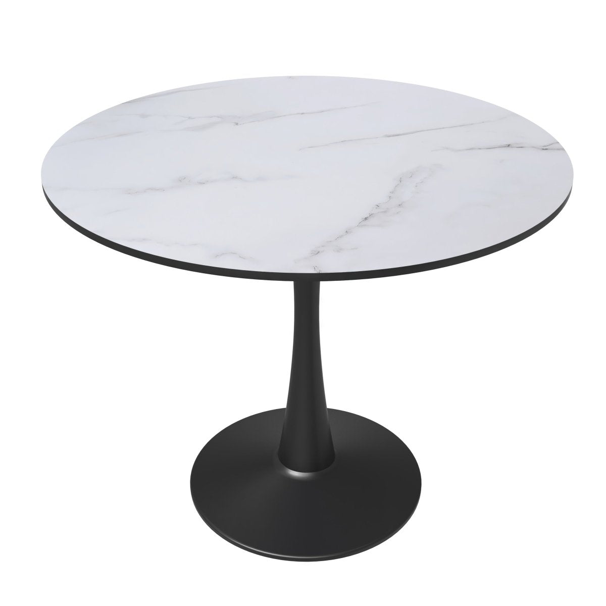 Bristol Round Dining Table with MDF/Sintered Stone/Glass Tabletop in Black Steel Base MDF 35 Inches Marbled White Dining Table Leisuremod