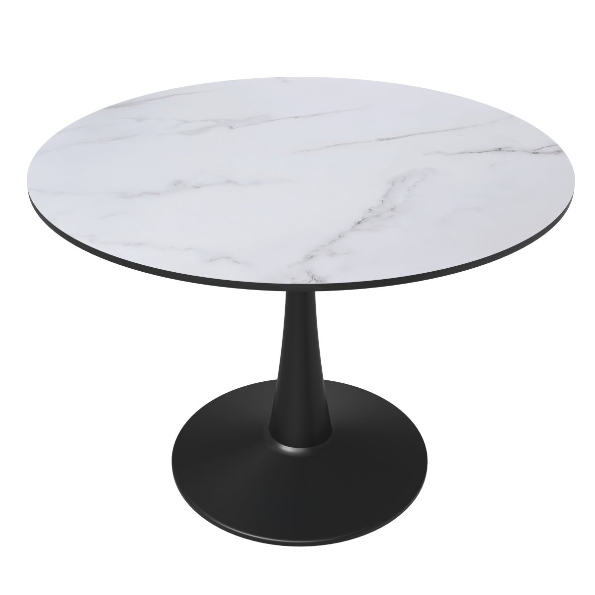 Bristol Round Dining Table with MDF/Sintered Stone/Glass Tabletop in Black Steel Base MDF 40 Inches Marbled White Dining Table Leisuremod