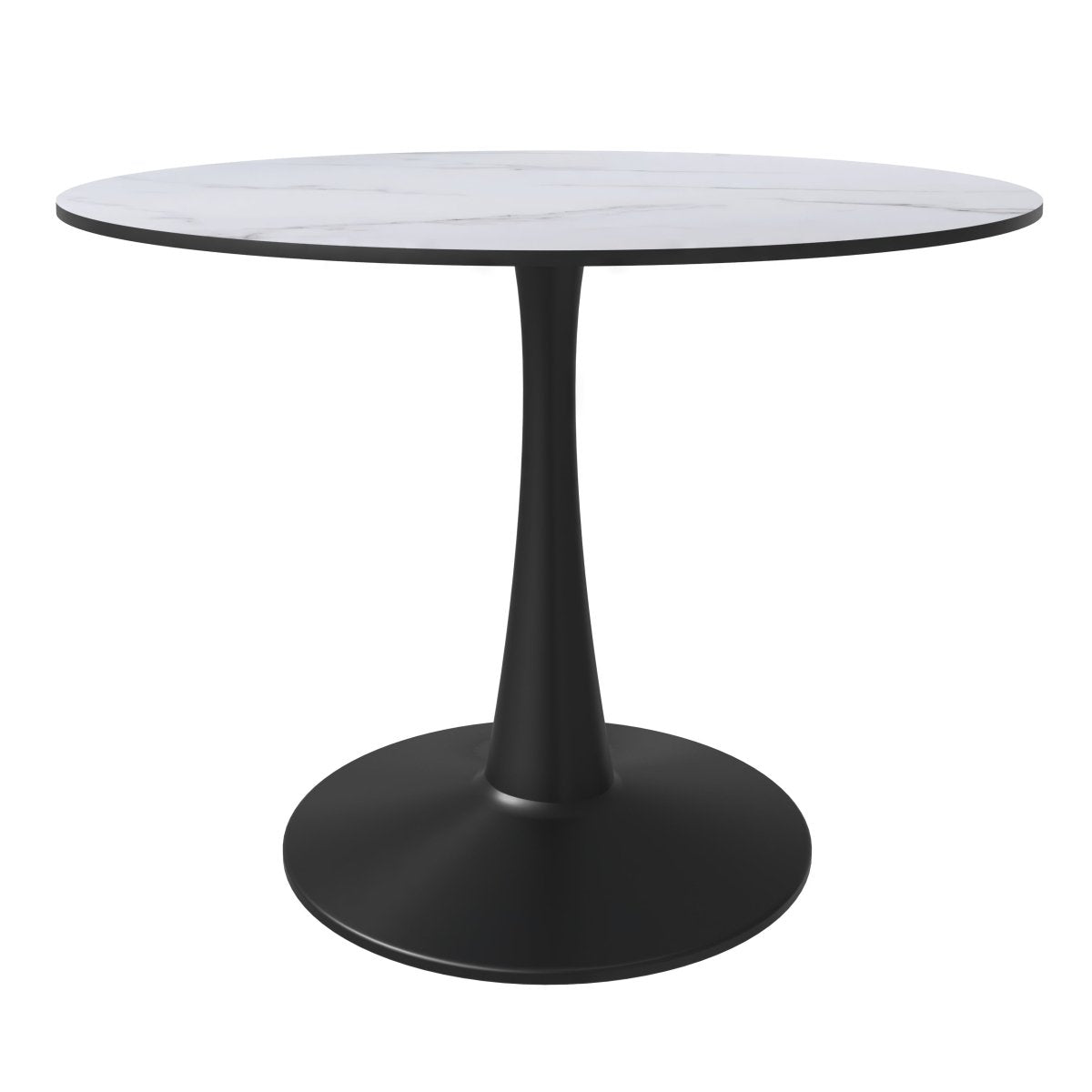 Bristol Round Dining Table with MDF/Sintered Stone/Glass Tabletop in Black Steel Base MDF 40 Inches Marbled White Dining Table Leisuremod