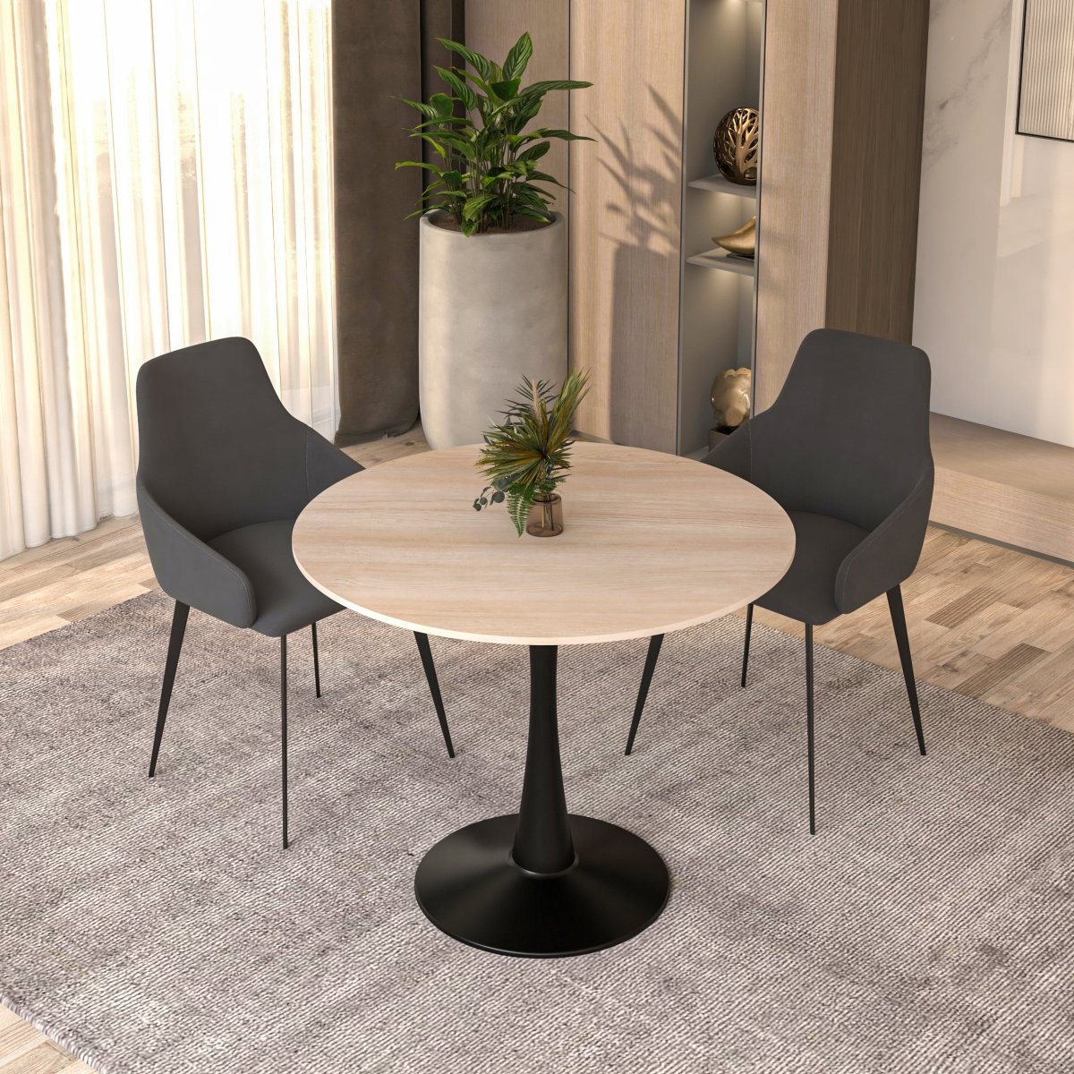 Bristol Round Dining Table with MDF/Sintered Stone/Glass Tabletop in Black Steel Base MDF 35 Inches Light Natural Dining Table Leisuremod