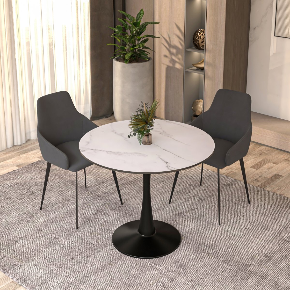 Bristol Round Dining Table with MDF/Sintered Stone/Glass Tabletop in Black Steel Base MDF 35 Inches Marbled White Dining Table Leisuremod