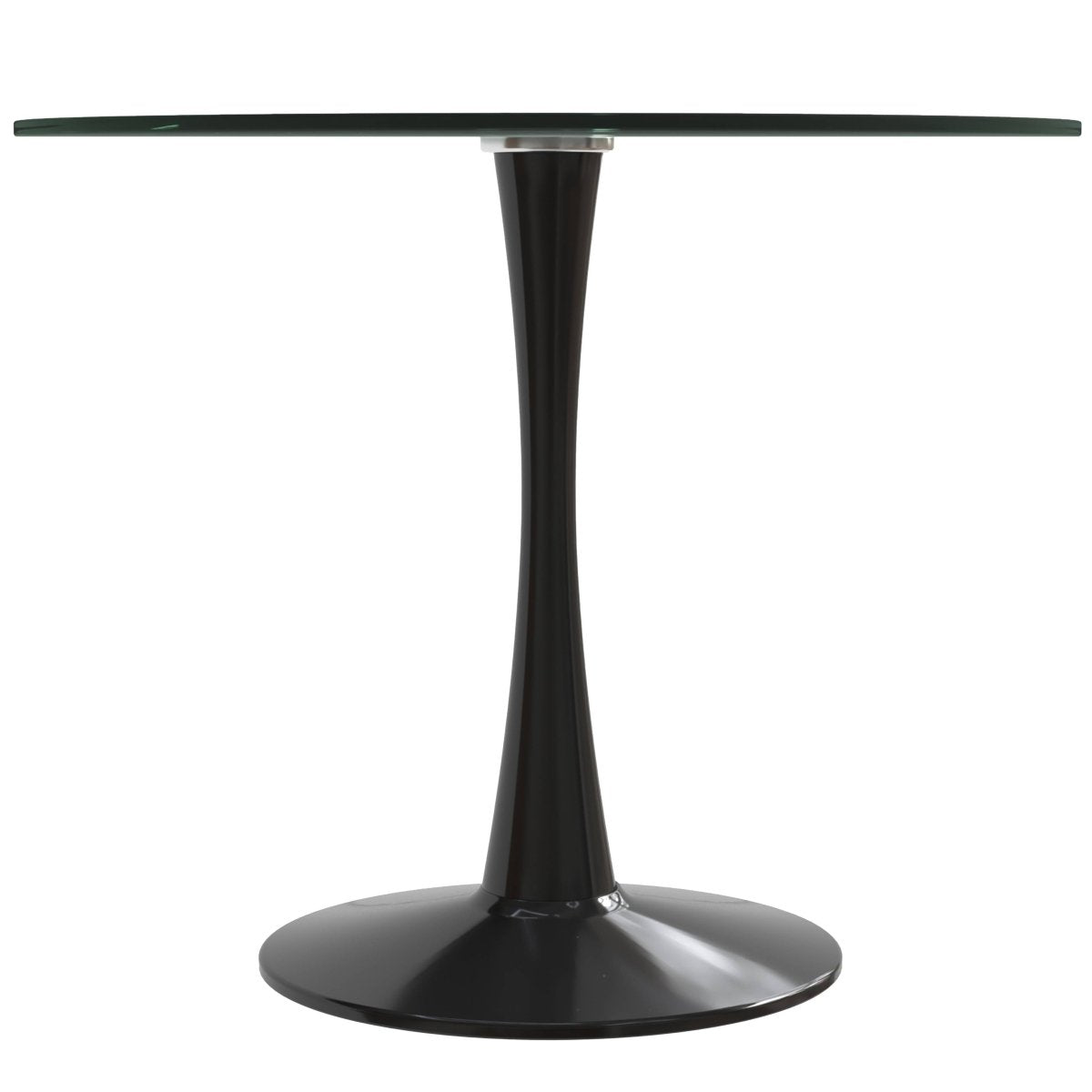 Bristol Round Dining Table with MDF/Sintered Stone/Glass Tabletop in Black Steel Base Glass Clear Dining Table Leisuremod