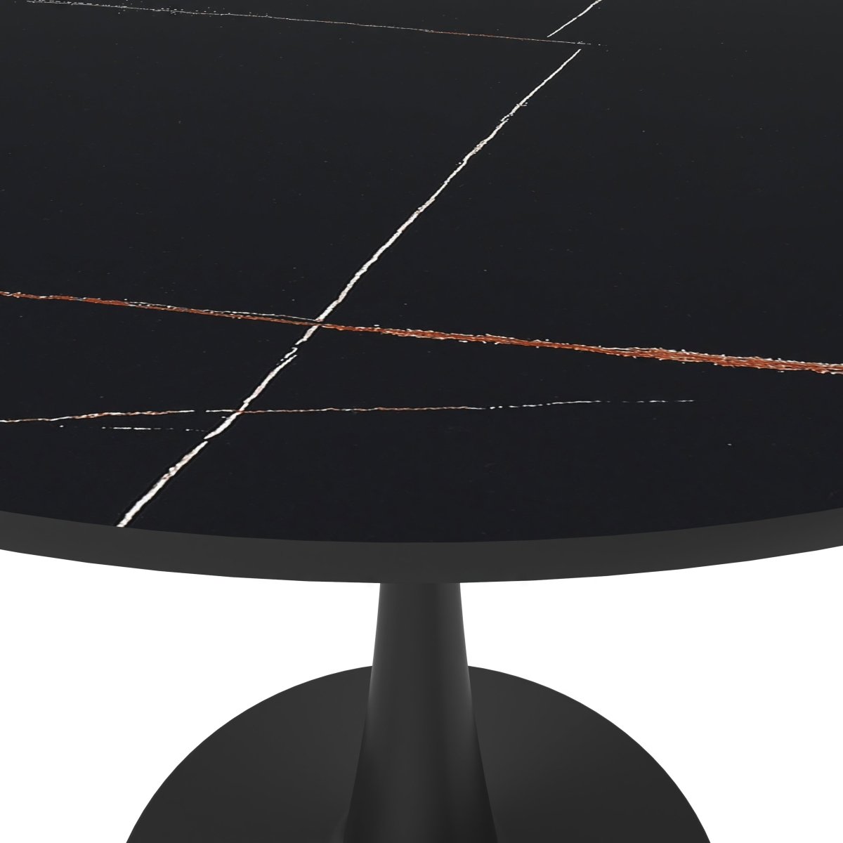 Bristol Round Dining Table with MDF/Sintered Stone/Glass Tabletop in Black Steel Base Sintered Stone 31 Inches Black Dining Table Leisuremod