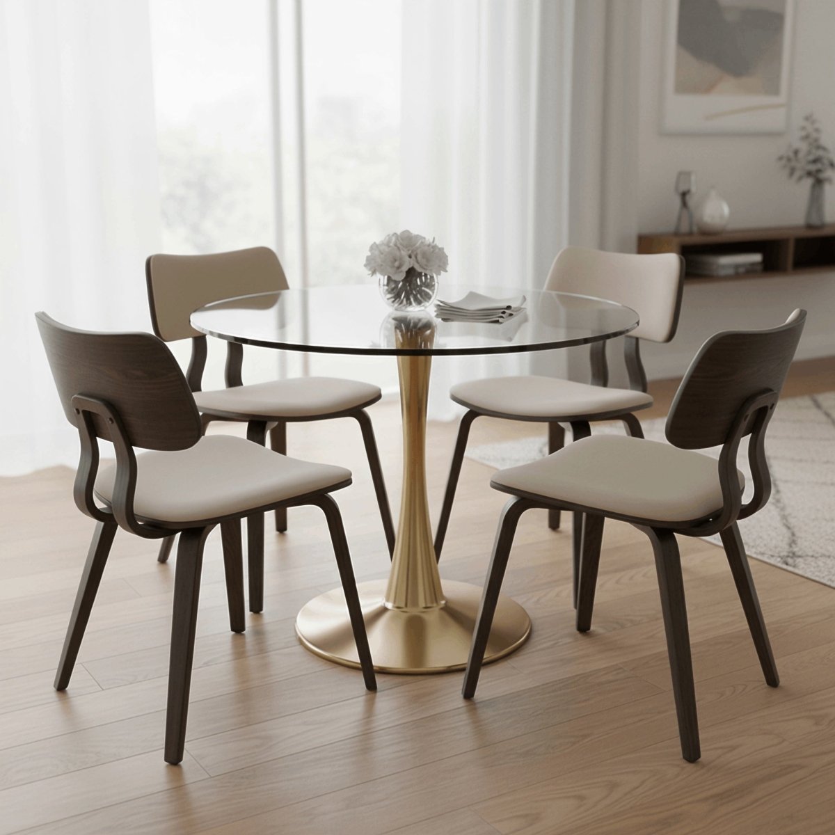 Bristol Round Dining Table with MDF/Sintered Stone/Glass Tabletop in Gold Steel Glass Clear Dining Table Leisuremod