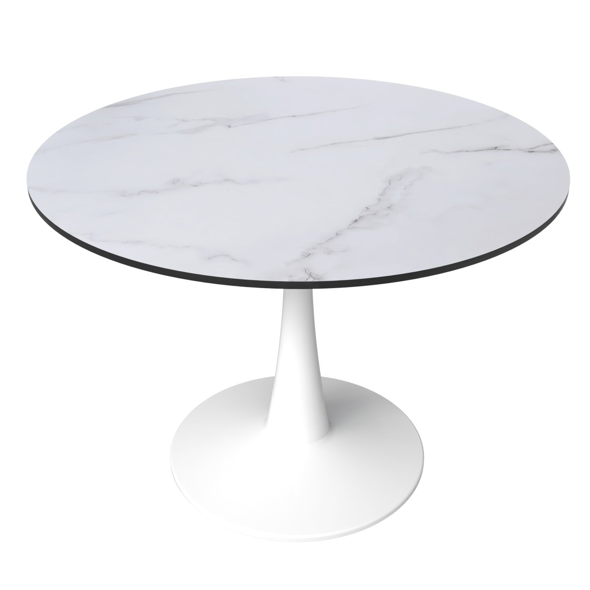 Bristol Round Dining Table with MDF/Sintered Stone/Glass Wood Tabletop in White Steel MDF 40 Inches Marbled White Dining Table Leisuremod