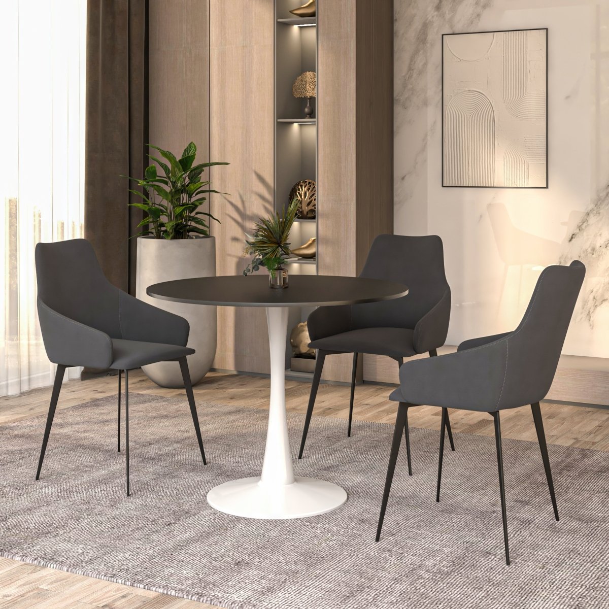 Bristol Round Dining Table with MDF/Sintered Stone/Glass Wood Tabletop in White Steel MDF 35 Inches Black Dining Table Leisuremod