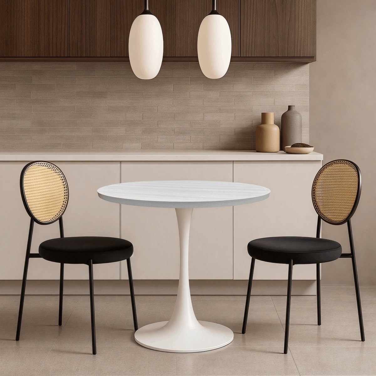 Bristol Round Dining Table with MDF/Sintered Stone/Glass Wood Tabletop in White Steel MDF 36 Inches Light Natural Dining Table Leisuremod