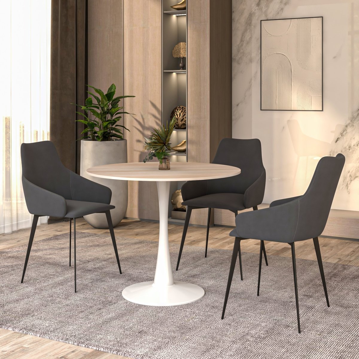 Bristol Round Dining Table with MDF/Sintered Stone/Glass Wood Tabletop in White Steel Sintered Stone 35 Inches Natural Wood Dining Table Leisuremod
