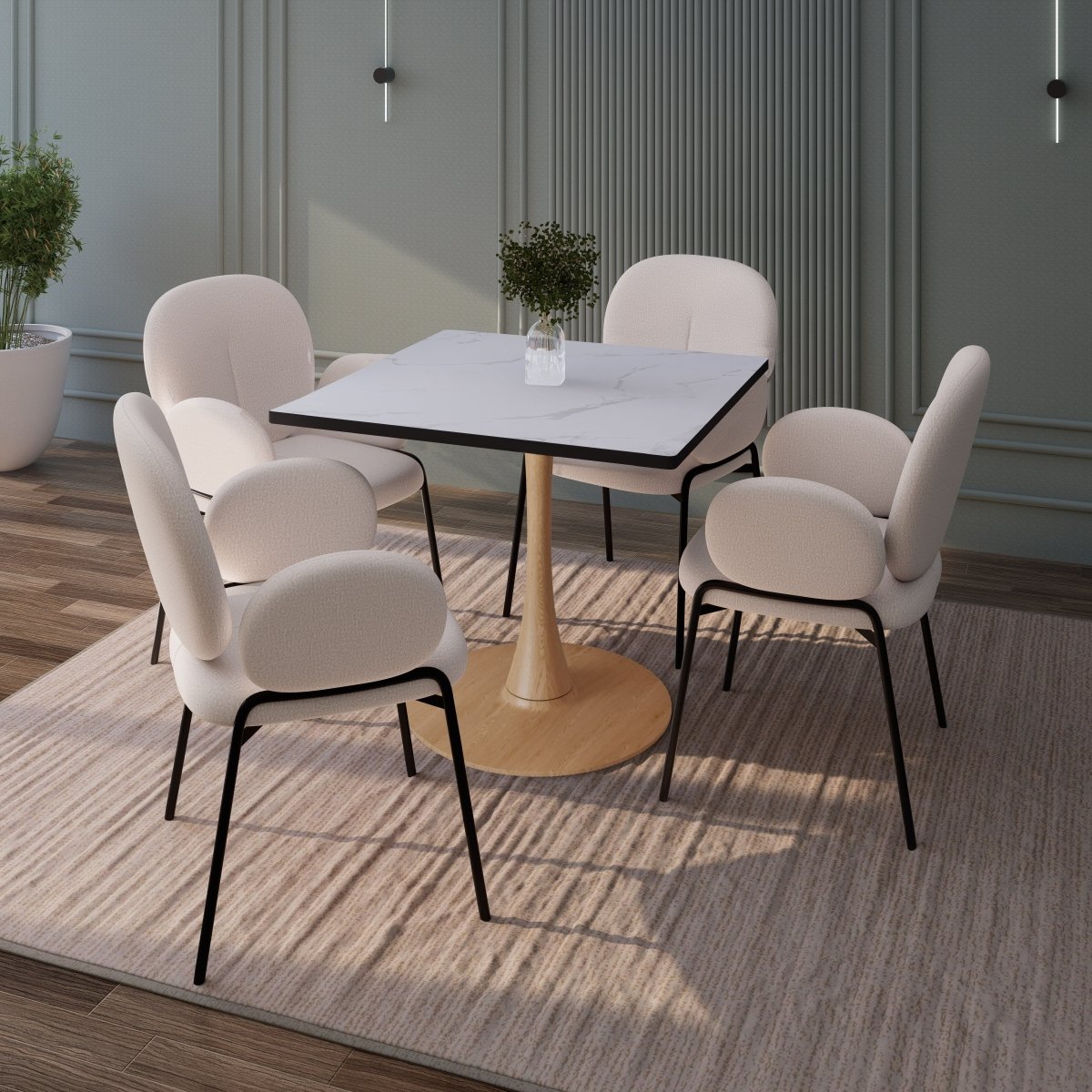 Bristol Square Dining Table with Marble White MDF Top and Steel Pedestal Base 27" Wide Natural Wood Dining Table LeisureMod