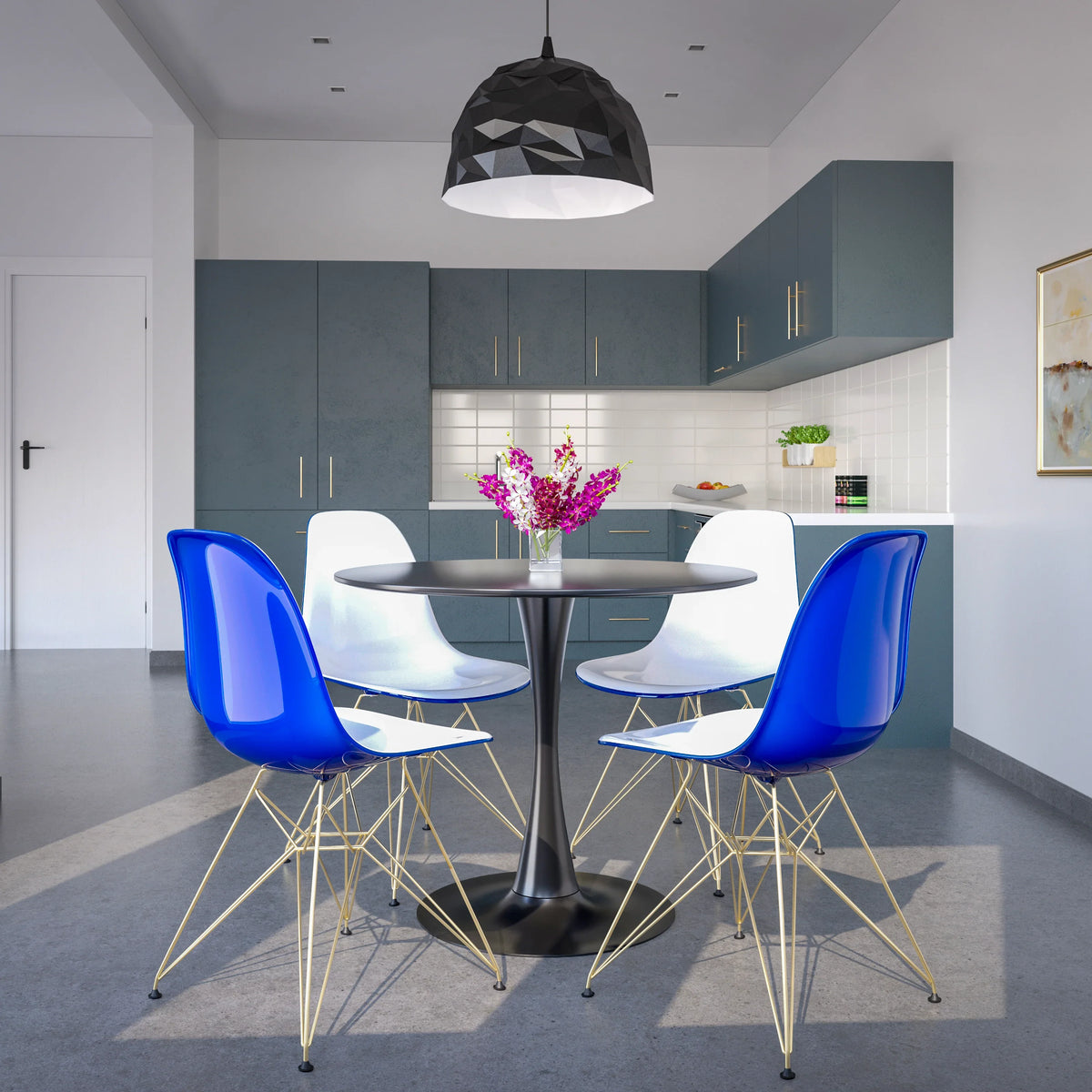 Bristol 5-Piece Dining Set 35" Round Dining Table in Black Iron - 4 ABS Plastic Side Chair in Gold Base - Elax Furniture