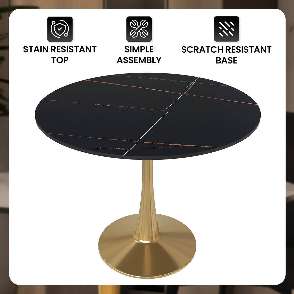 Bristol 31" Round Dining Table with Sintered Stone Tabletop in Gold Steel - Elax Furniture