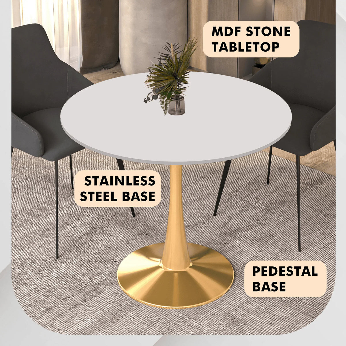 Bristol 31" Round Dining Table with MDF Wood Tabletop in Gold Steel - Elax Furniture