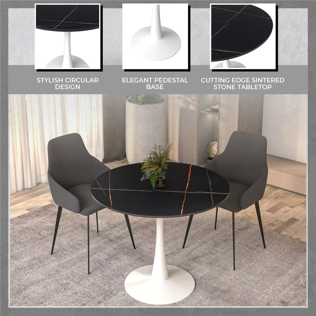 Bristol 31" Round Dining Table with Sintered Stone Tabletop in White Steel - Elax Furniture