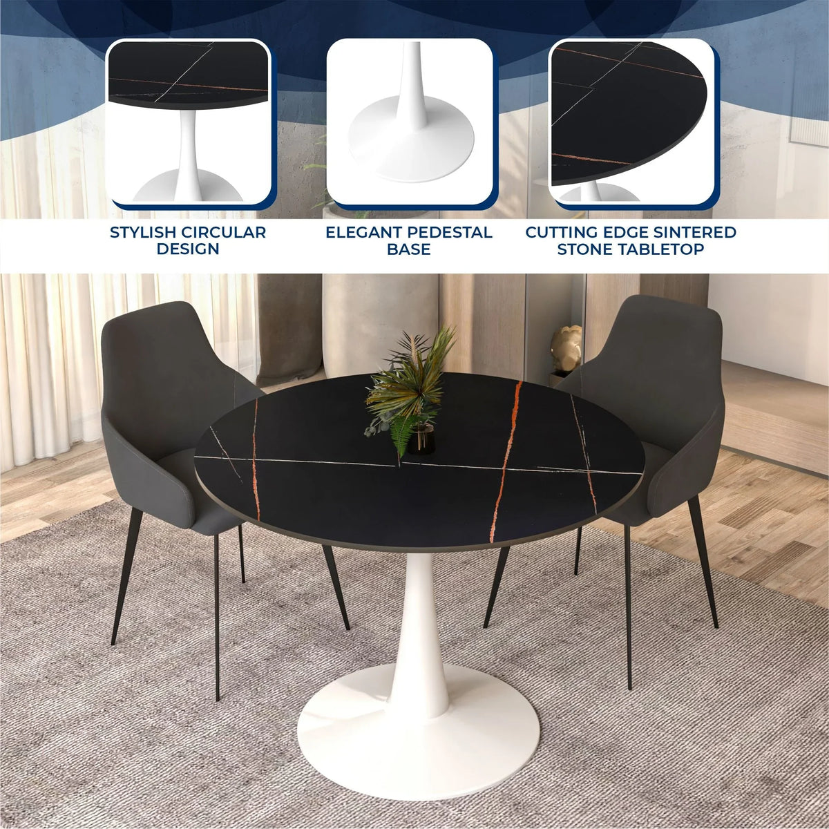 Bristol 40" Round Dining Table with Sintered Stone Tabletop in White Steel - Elax Furniture