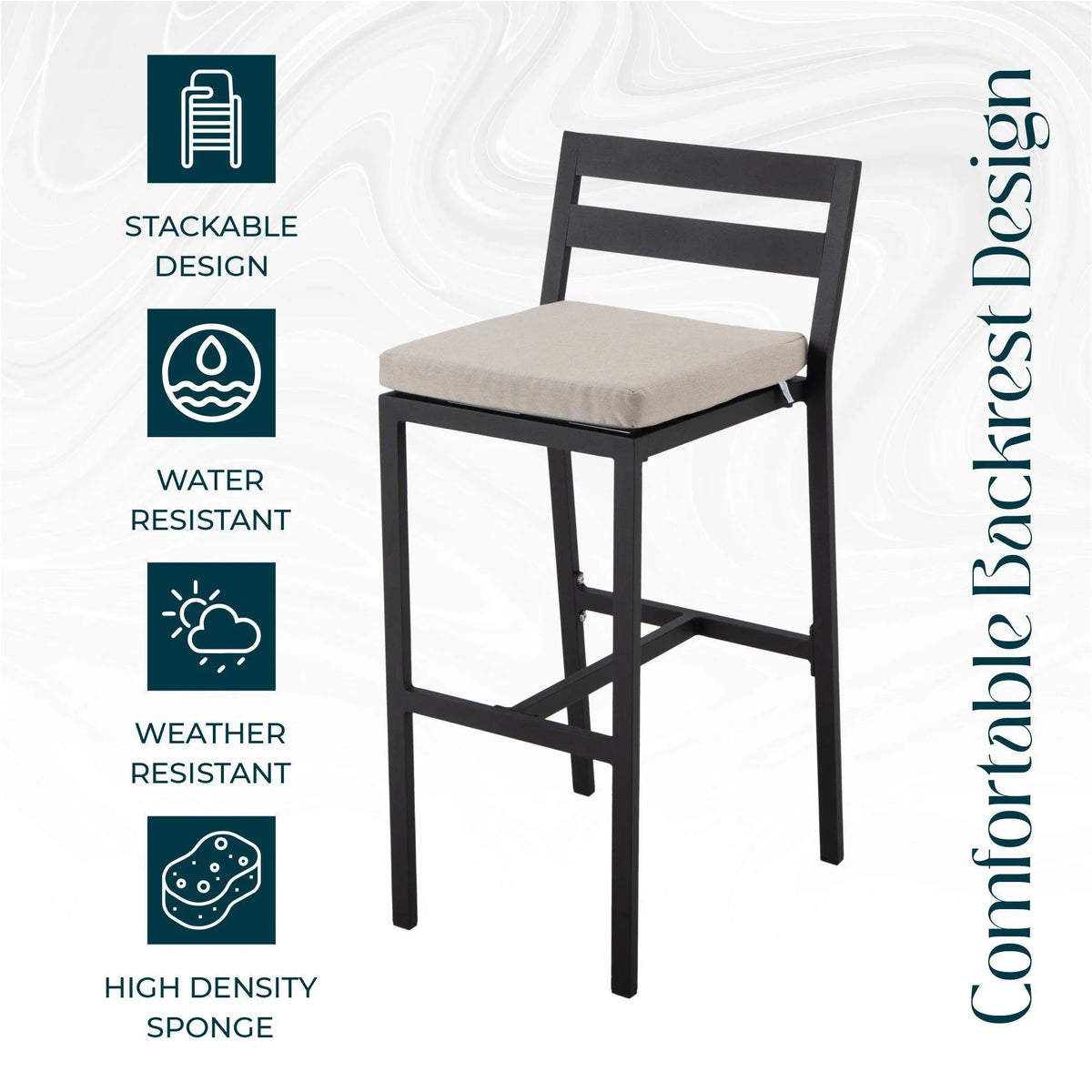 Chelsea Modern Patio Bar Chair in Powder-Coated Aluminum with Removable Cushion - Elax Furniture