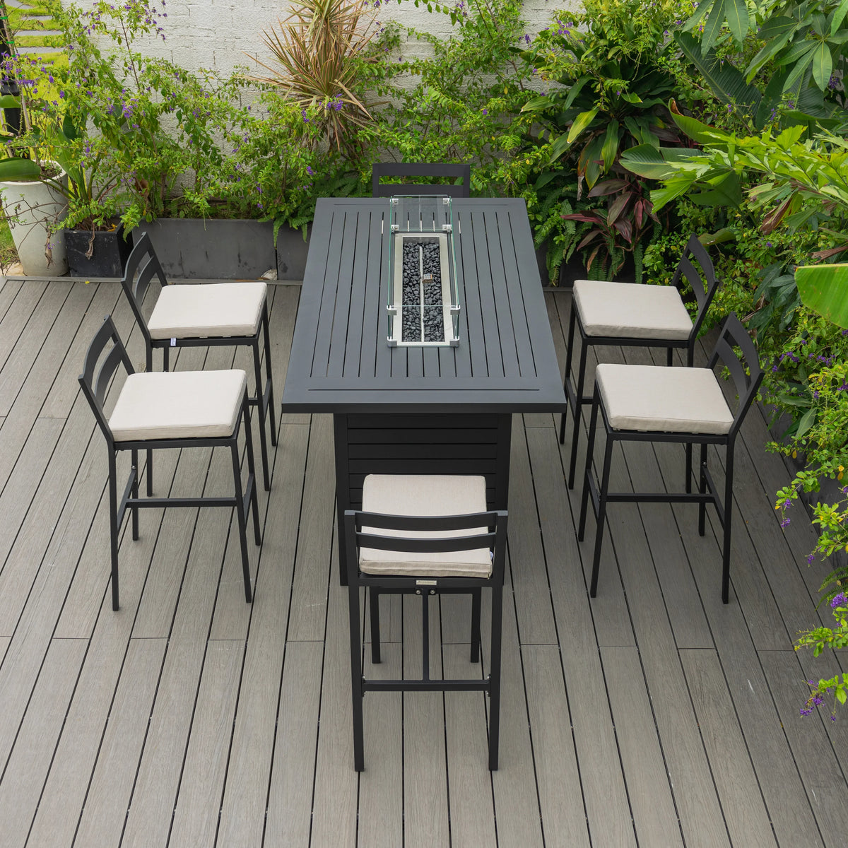 Chelsea 7-Piece Patio Bar Set: Aluminum Fire Pit Table with Tank Holder & 6 Barstools with Cushions - Elax Furniture