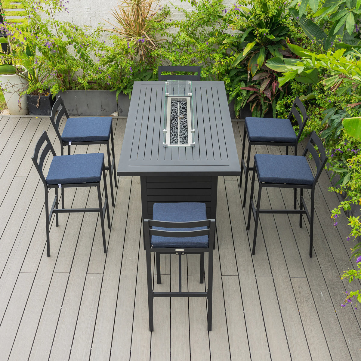 Chelsea 7-Piece Patio Bar Set: Aluminum Fire Pit Table with Tank Holder & 6 Barstools with Cushions - Elax Furniture