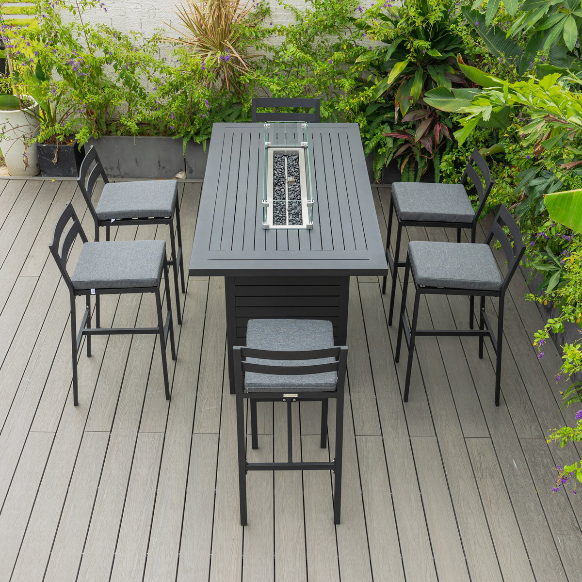 Chelsea 7-Piece Patio Bar Set: Aluminum Fire Pit Table with Tank Holder & 6 Barstools with Cushions - Elax Furniture