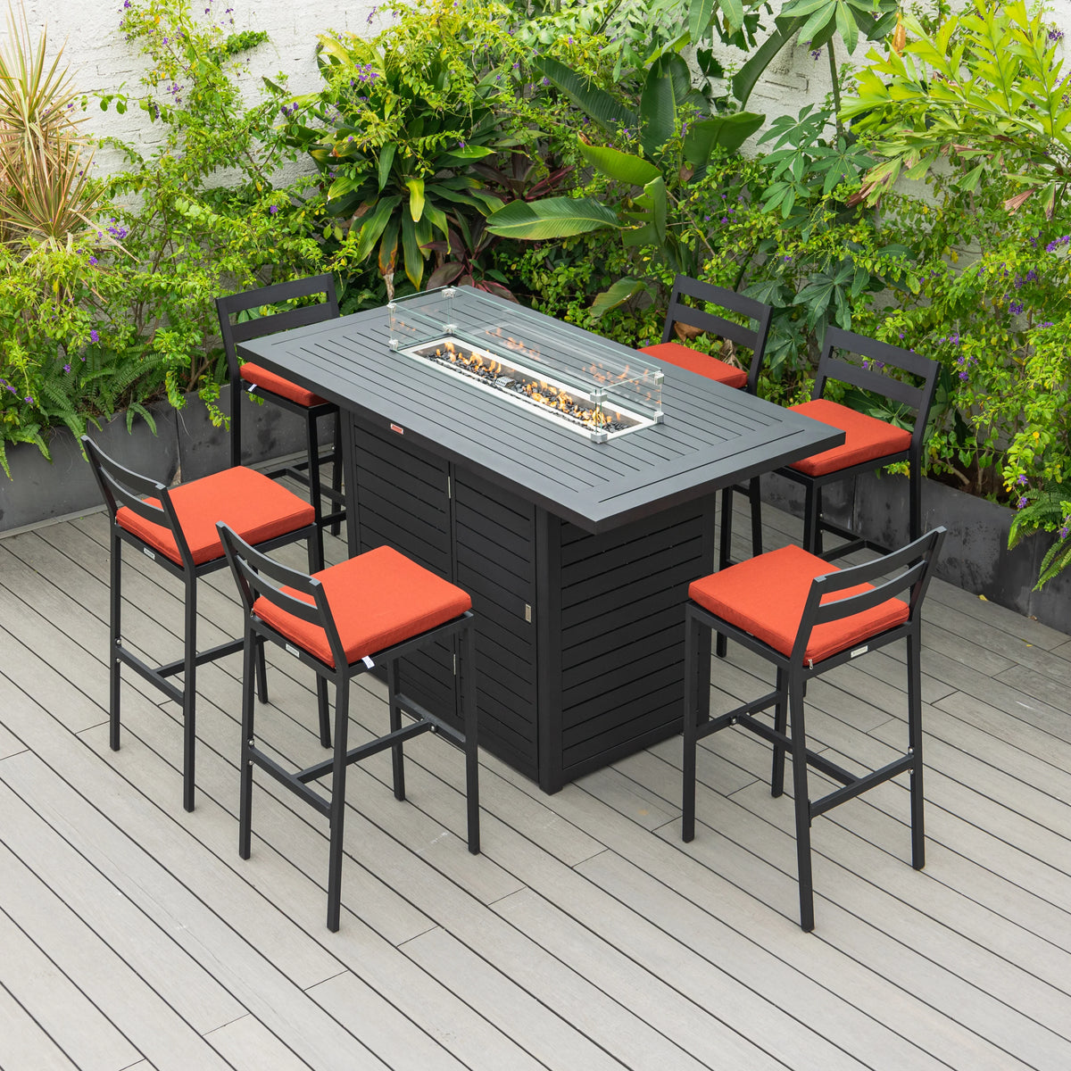 Chelsea 7-Piece Patio Bar Set: Aluminum Fire Pit Table with Tank Holder & 6 Barstools with Cushions - Elax Furniture