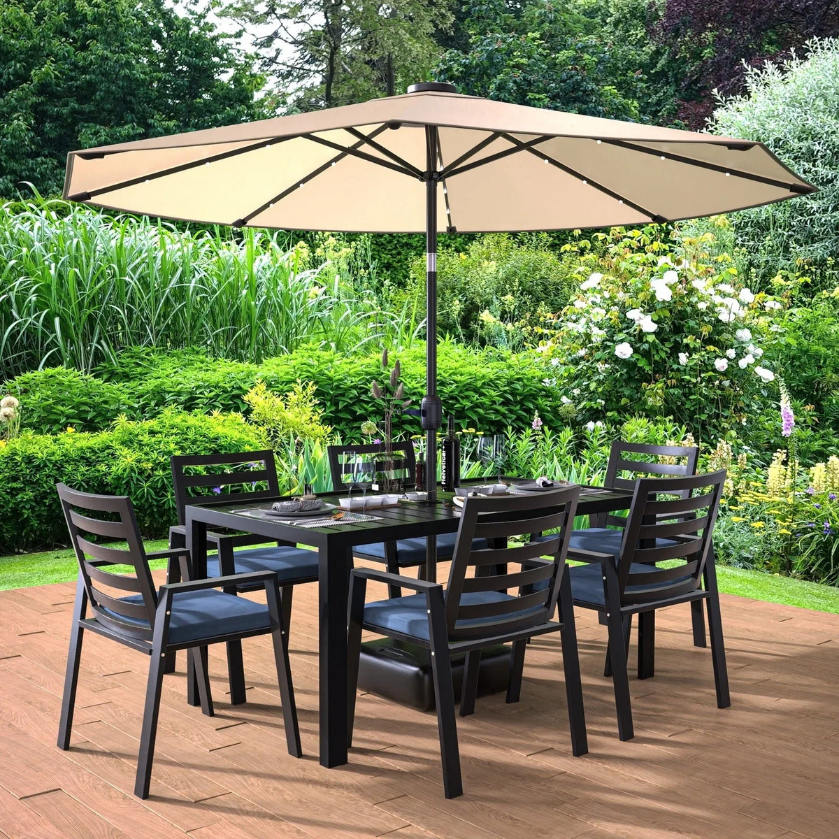 Chelsea 7-Piece Modern Outdoor Dining Set in Black Aluminum with Removable Cushions - Elax Furniture