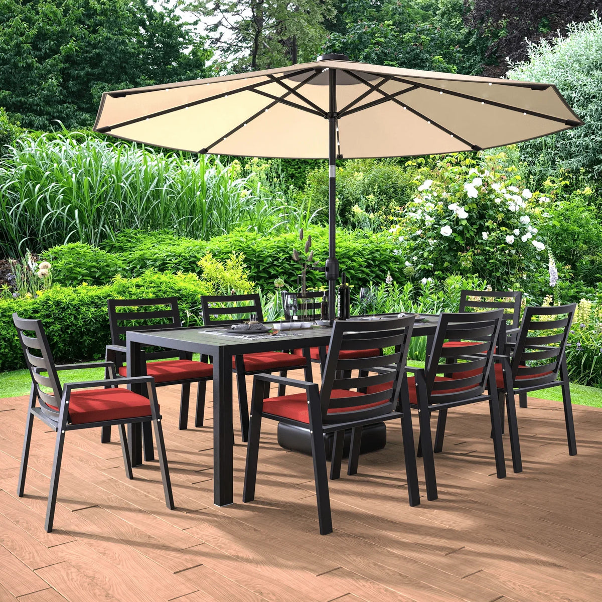 Chelsea 9-Piece Modern Outdoor Dining Set in Black Aluminum with Removable Cushions - Elax Furniture