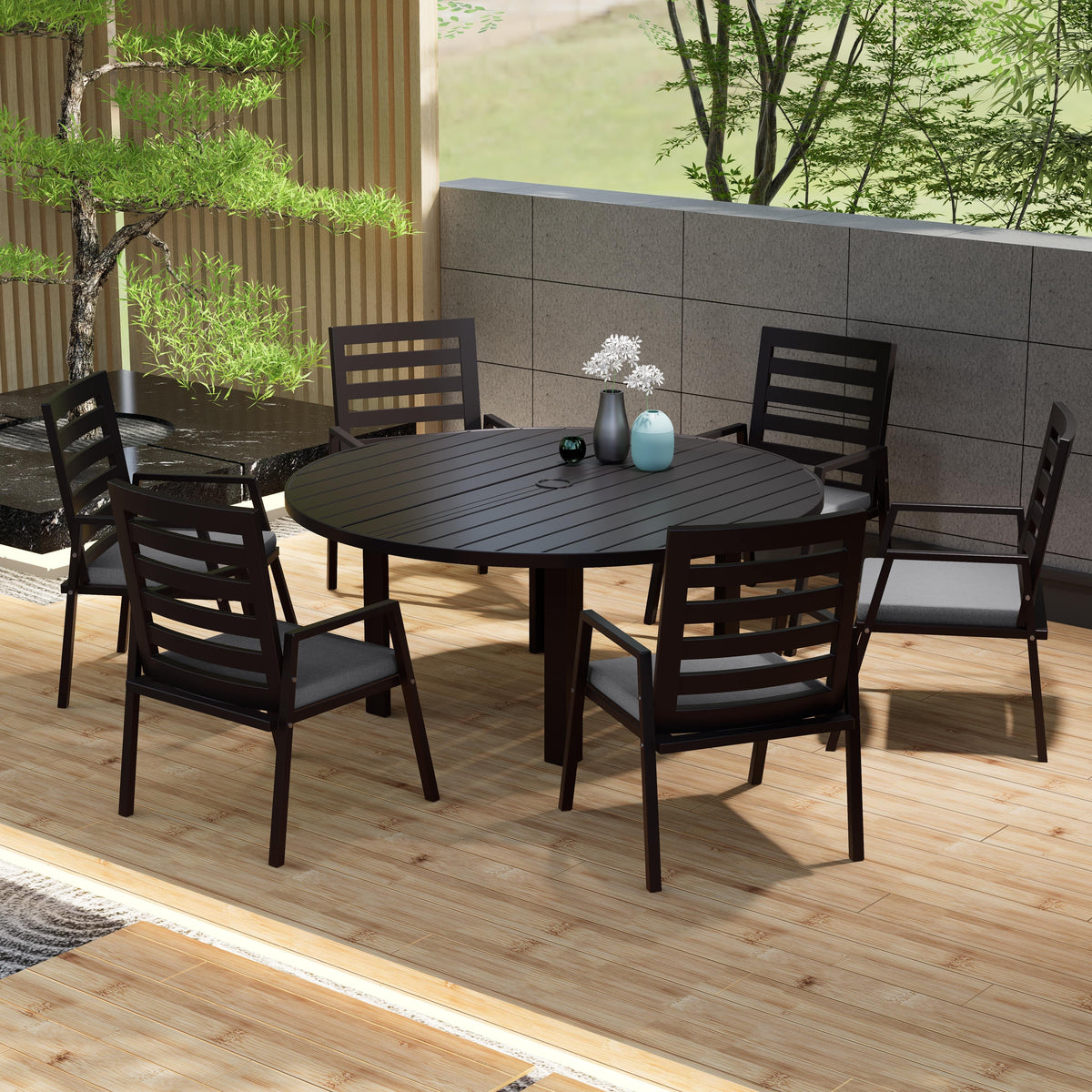 Chelsea 7-Piece Patio Dining Set with 60" Round Aluminum Dining Table and 6 Dining Armchair - Elax Furniture