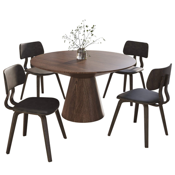 Fynix 5-Piece Dining Set with Round Wooden Table in Walnut and 4 Leather Dining Chairs - Elax Furniture