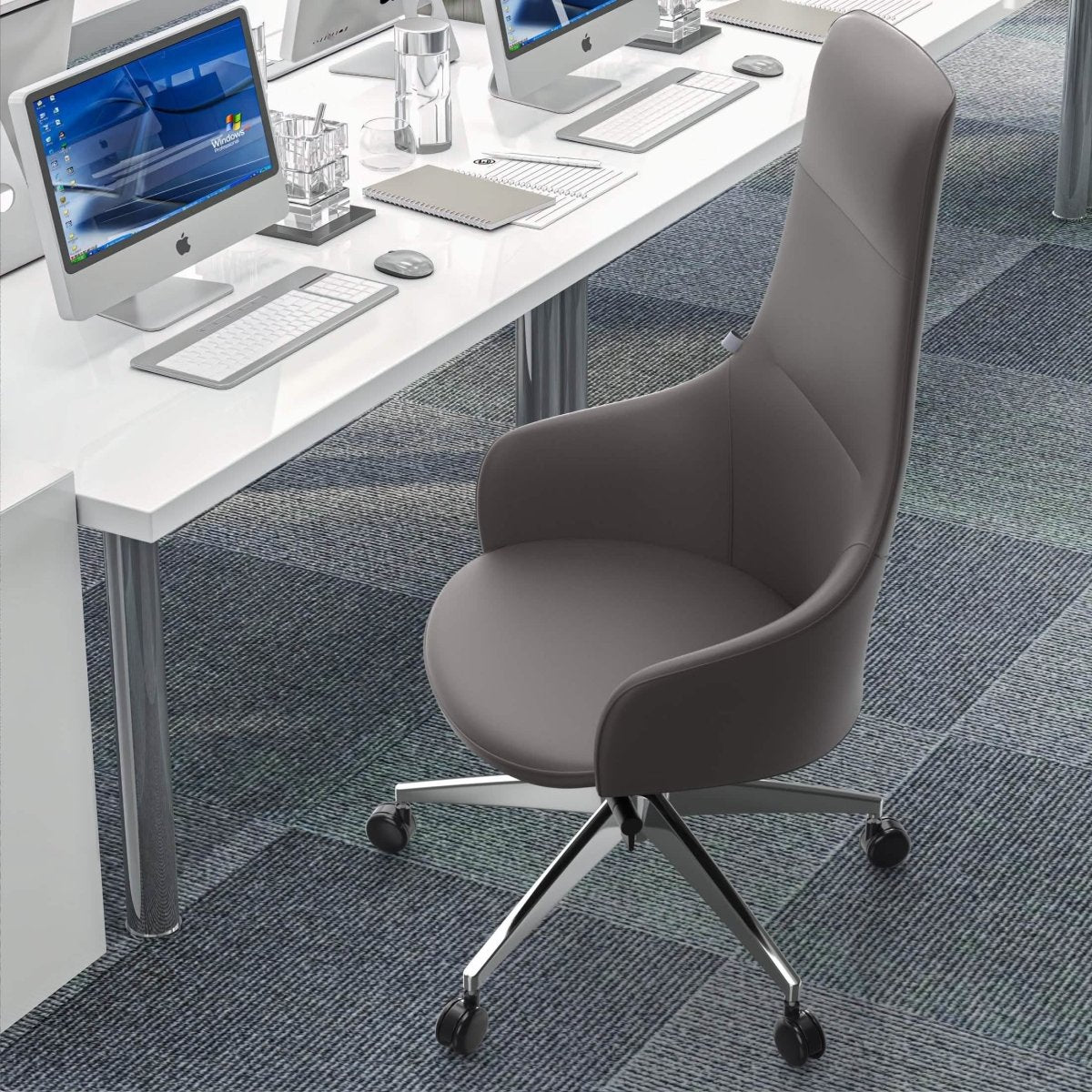 Celeste High-Back Office Chair in Upholstered Leather and Iron Base with Swivel and Tilt White Office Chair Leisuremod