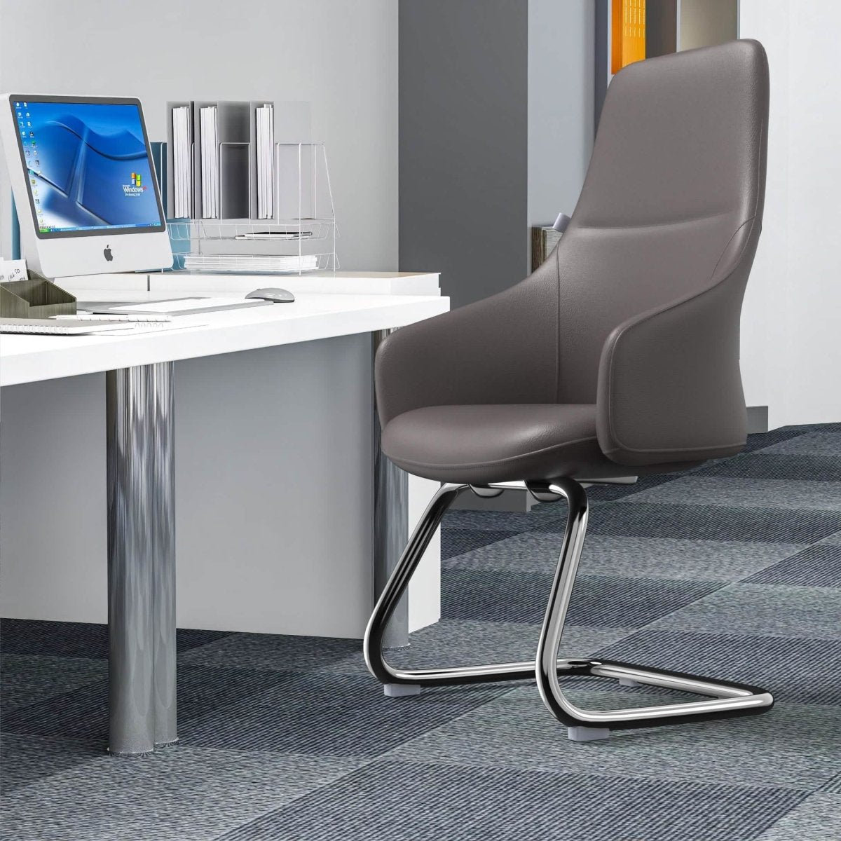 Celeste Leather Conference Office Chair with Upholstered Seat and Armrest White Office Chair Leisuremod
