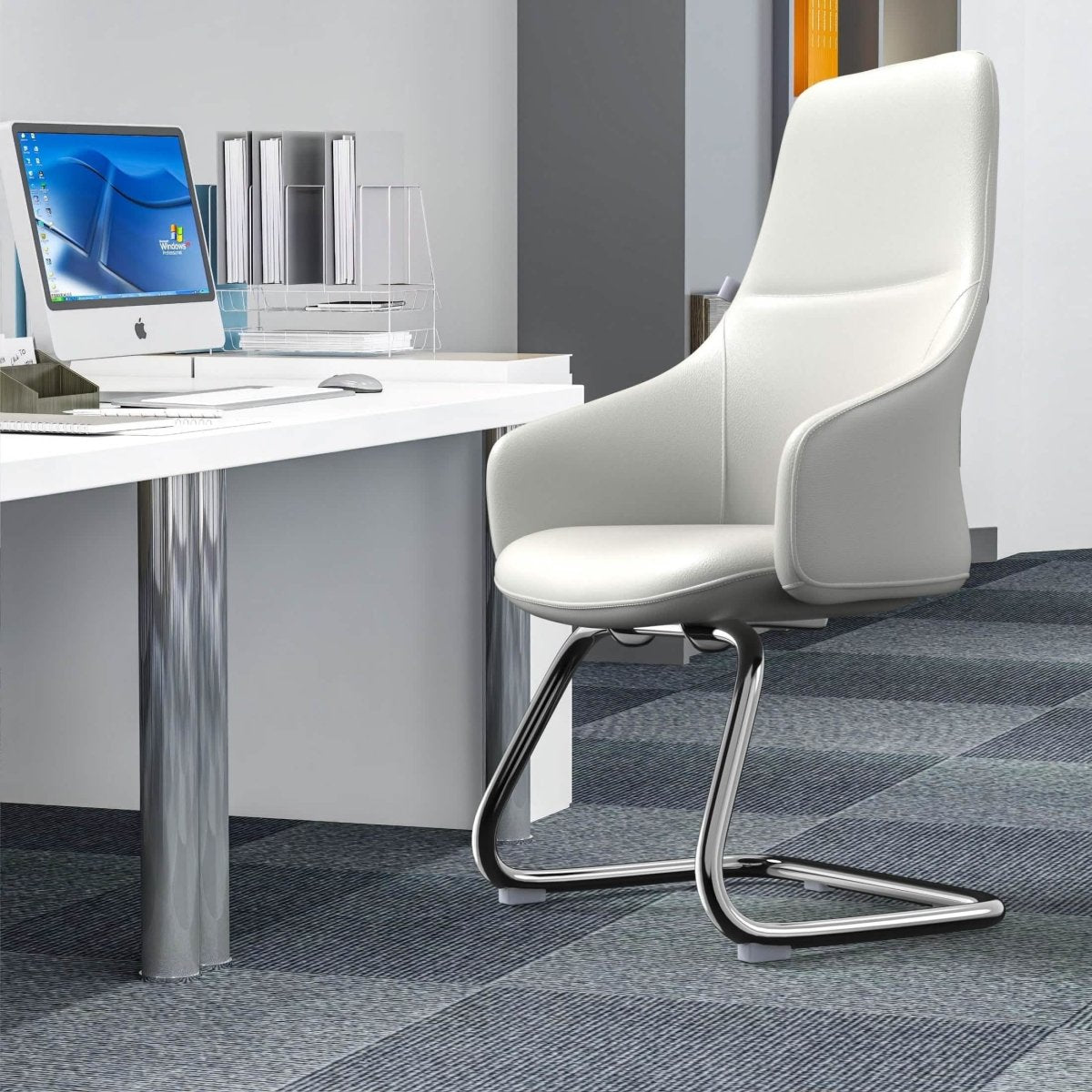 Celeste Leather Conference Office Chair with Upholstered Seat and Armrest White Office Chair Leisuremod