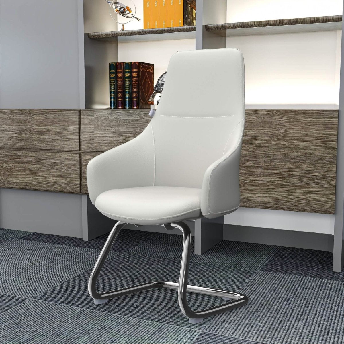 Celeste Leather Conference Office Chair with Upholstered Seat and Armrest White Office Chair Leisuremod
