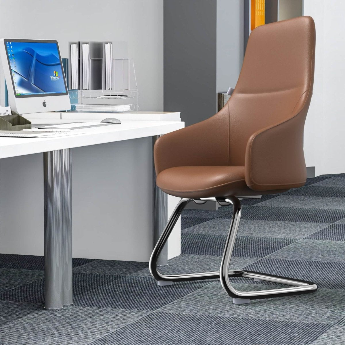 Celeste Leather Conference Office Chair with Upholstered Seat and Armrest White Office Chair Leisuremod