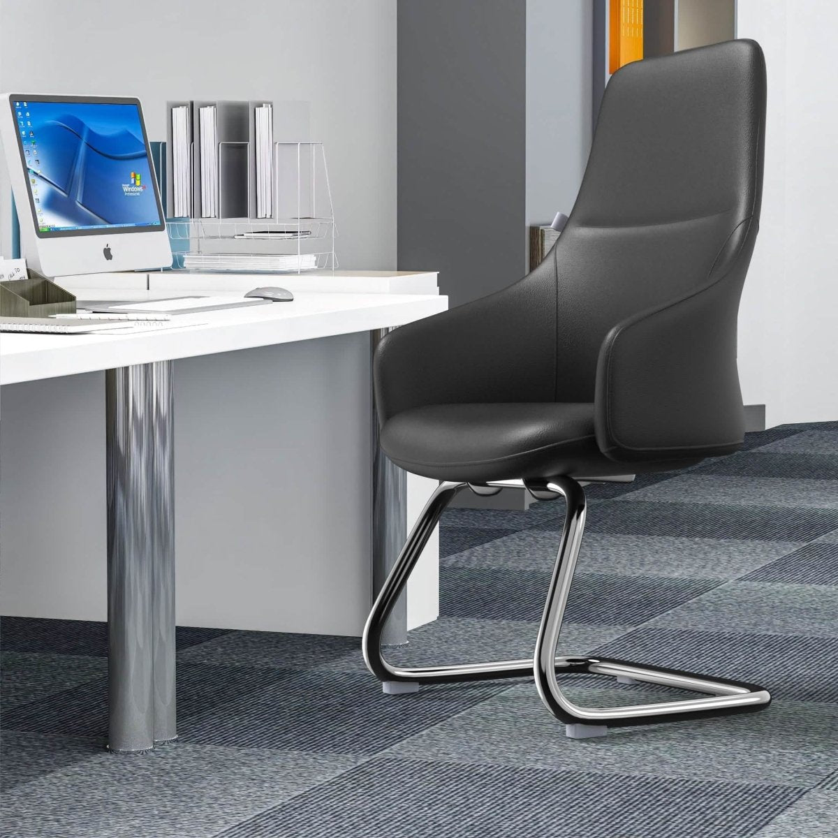 Celeste Leather Conference Office Chair with Upholstered Seat and Armrest White Office Chair Leisuremod