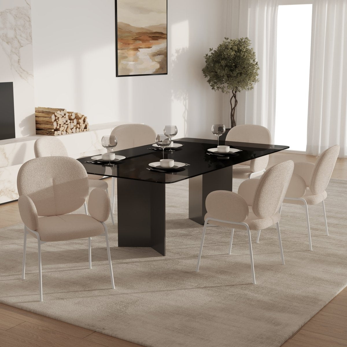 Celestial Modern Boucle Dining Side Chair with Black/White Powder Coated Iron Frame White With Arm White Dining Chair Leisuremod