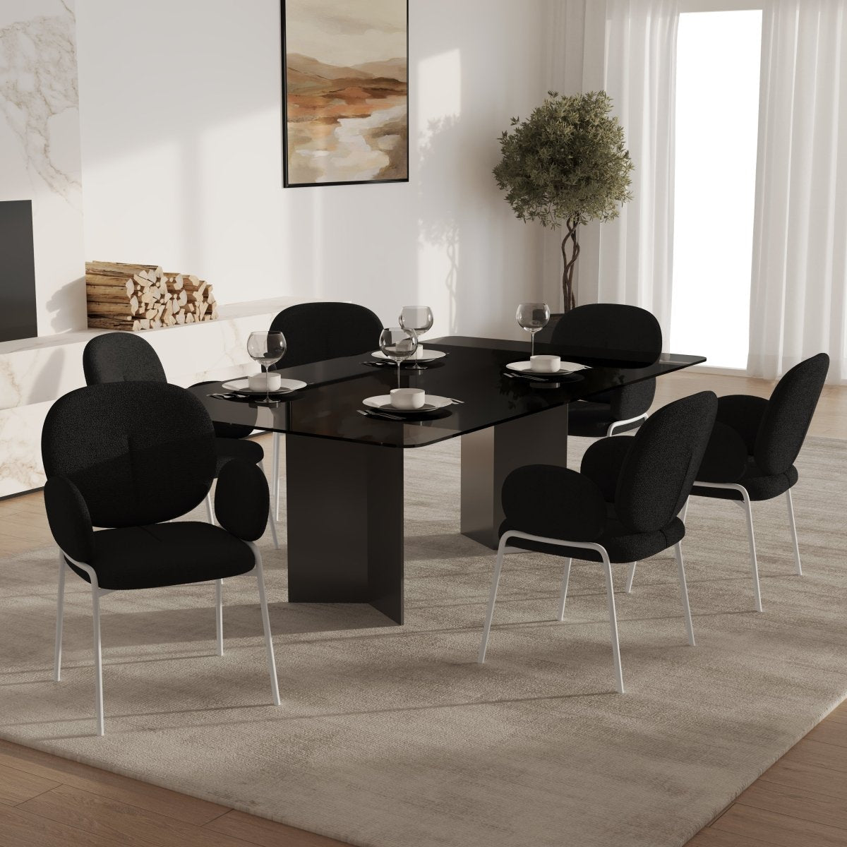 Celestial Modern Boucle Dining Side Chair with Black/White Powder Coated Iron Frame White With Arm Black Dining Chair Leisuremod