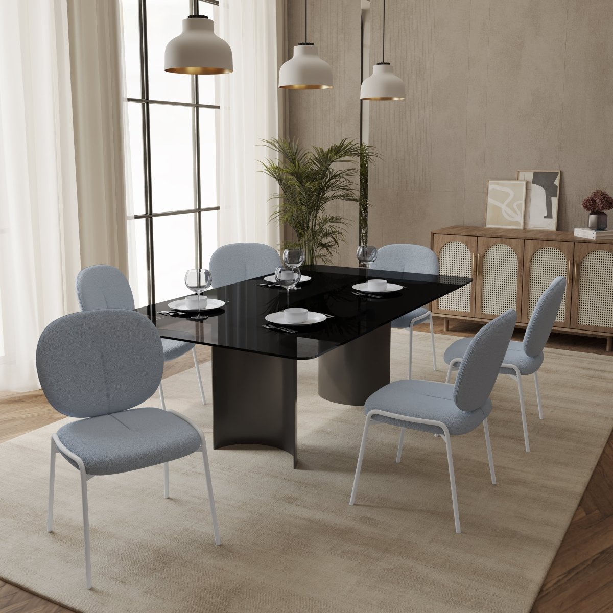 Celestial Modern Boucle Dining Side Chair with Black/White Powder Coated Iron Frame White Armless Blue Dining Chair Leisuremod