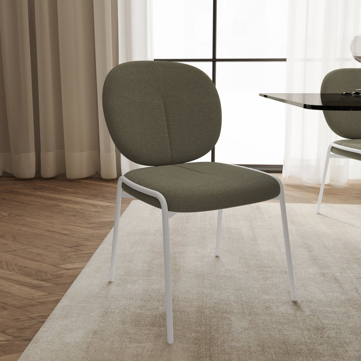 Celestial Modern Boucle Dining Side Chair with Black/White Powder Coated Iron Frame White Armless Green Dining Chair Leisuremod