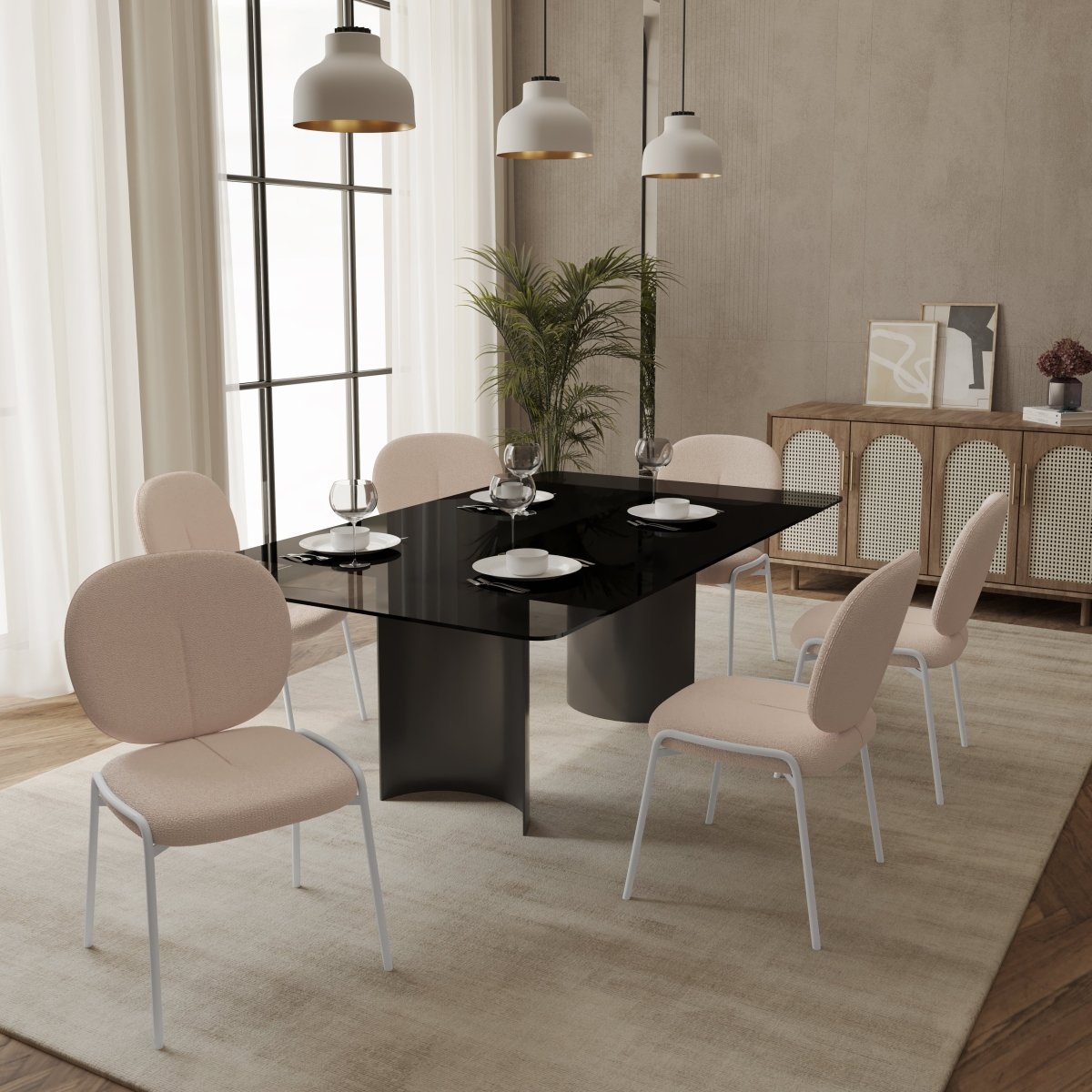 Celestial Modern Boucle Dining Side Chair with Black/White Powder Coated Iron Frame White Armless Beige Dining Chair Leisuremod
