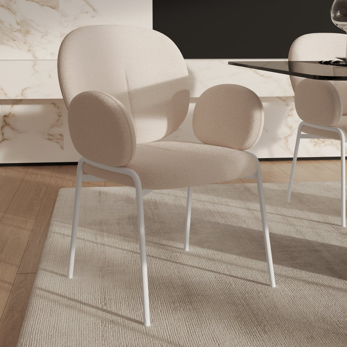 Celestial Modern Boucle Dining Side Chair with Black/White Powder Coated Iron Frame White With Arm White Dining Chair Leisuremod