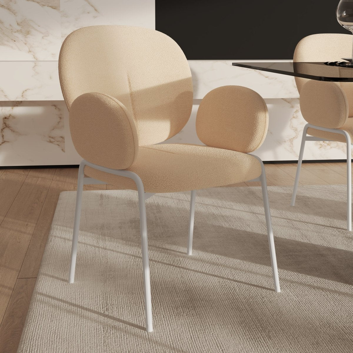 Celestial Modern Boucle Dining Side Chair with Black/White Powder Coated Iron Frame White With Arm Beige Dining Chair Leisuremod