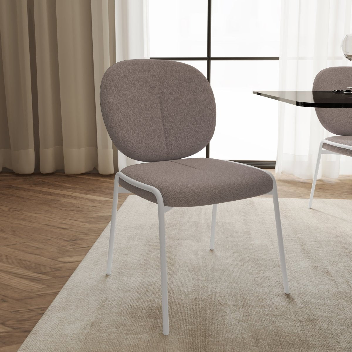 Celestial Modern Boucle Dining Side Chair with Black/White Powder Coated Iron Frame White Armless Grey Dining Chair Leisuremod