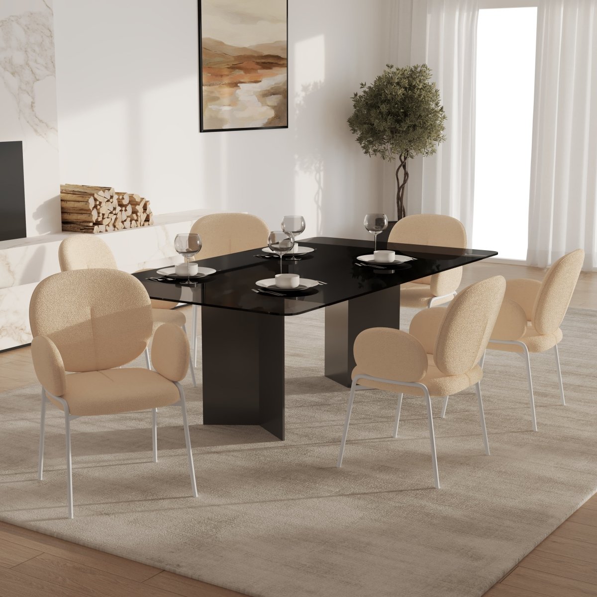 Celestial Modern Boucle Dining Side Chair with Black/White Powder Coated Iron Frame White With Arm Beige Dining Chair Leisuremod