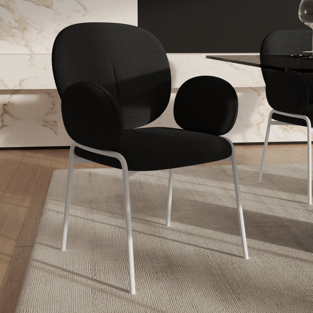 Celestial Modern Boucle Dining Side Chair with Black/White Powder Coated Iron Frame White With Arm Black Dining Chair Leisuremod