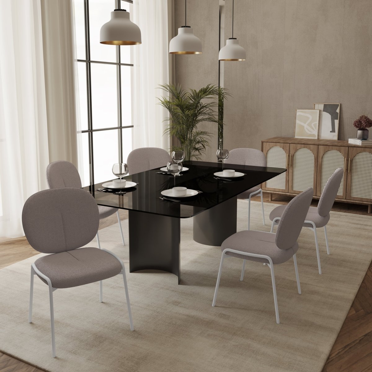 Celestial Modern Boucle Dining Side Chair with Black/White Powder Coated Iron Frame White Armless Grey Dining Chair Leisuremod